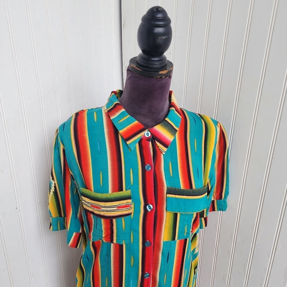 L&B Lucky & Blessed Women’s Colorful Striped Maxi Dress Button Up Short Sleeve M - Picture 2 of 15